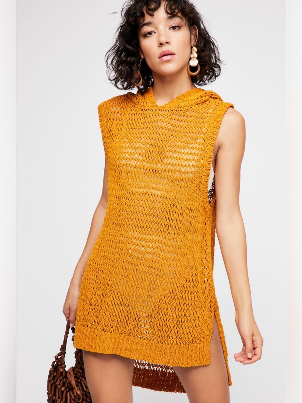 Free People FP Beach Cross Hatch Hoodie Tunic Cover Up Mustard M NWT